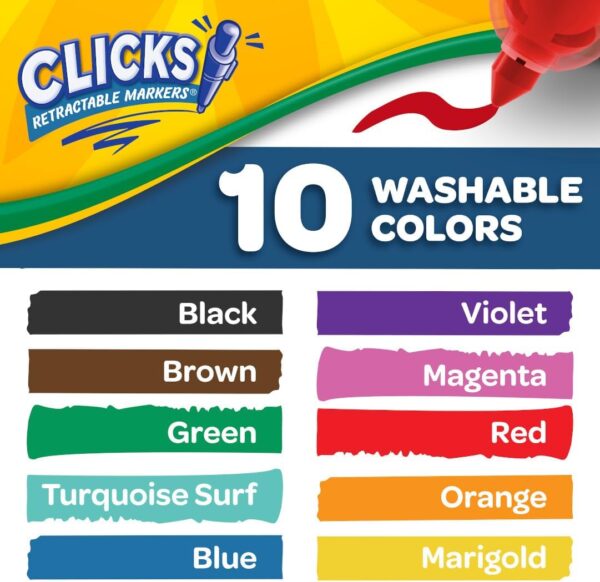 crayola clicks retractable tip markers (10ct), cone tip, washable art marker set for kids