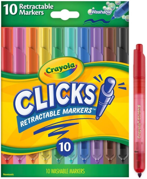crayola clicks retractable tip markers (10ct), cone tip, washable art marker set for kids