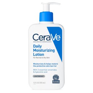 cerave daily moisturizing lotion for dry skin, body lotion & face moisturizer with hyaluronic acid and ceramides, daily moisturizer, fragrance free, oil free, 12 ounce