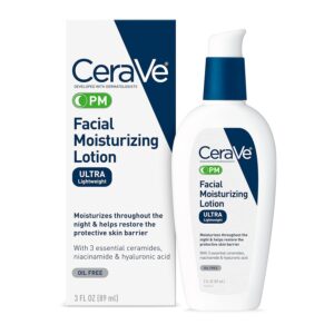 cerave pm facial moisturizing lotion, night cream with hyaluronic acid and niacinamide, ultra lightweight, oil free moisturizer for face, 3 ounce