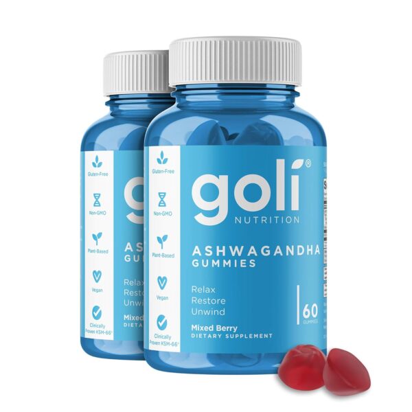 goli ashwagandha & vitamin d gummy 120 count – relax. restore. unwind. (mixed berry, ksm 66, vegan, plant based, non gmo, gluten free & gelatin…
